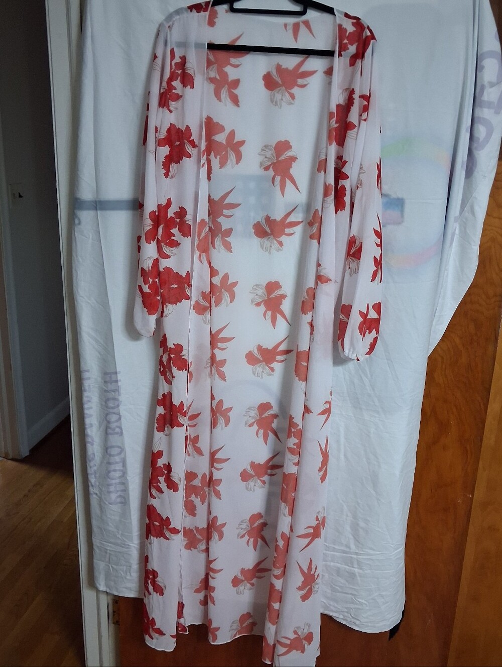 Sheer White Kimono with Coral Floral Print